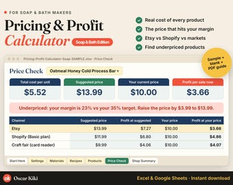 Soap and Bath Profit Calculator, Cost and Pricing Tool (Excel and Google Sheets)
