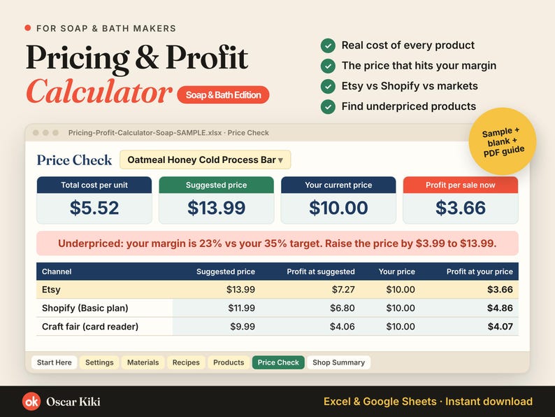 Soap Pricing Calculator Spreadsheet: cover