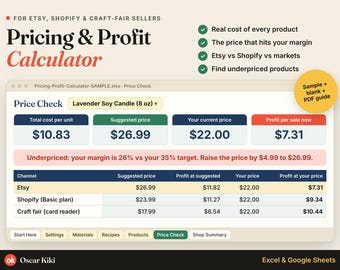 Foglio di calcolo per il calcolo dei prezzi su Etsy: costi dei prodotti, profitti e commissioni, compatibile con Google Sheets ed Excel.