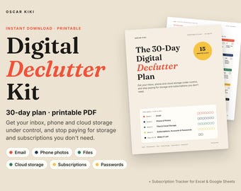 Checkliste zum digitalen Aufräumen, 30-Tage-Kit zum digitalen Aufräumen von E-Mails, Fotos, Cloud-Speicher, Abonnements und Passwörtern, druckbares PDF