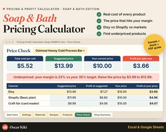 Calcolatore del prezzo del sapone: costo per saponetta, profitto del prodotto da bagno, Fogli Google ed Excel
