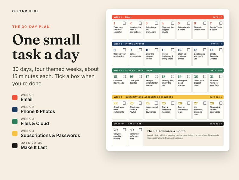 Digital Declutter Checklist: 30 day declutter calendar