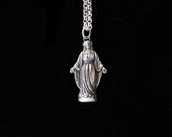 Antique Virgin Mary Silver Cast Pendant Holy Medal Necklace