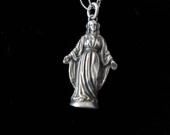 Antike HANDMADE Jungfrau Maria Silber Cast Anhänger Heilige Medaille Halskette