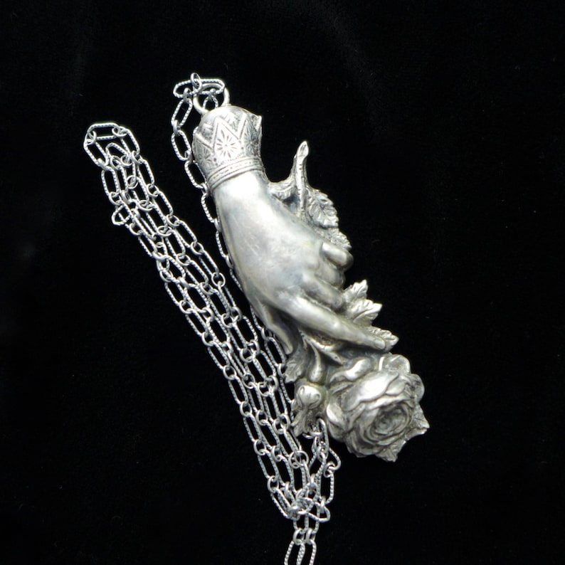 Victorian Hand Holding Rose Sterling Cast Pendant Necklace image 1