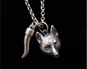 Antique Fox Foxy Wolf FANG Cornuto Sterling Cast Charm Pendant Necklace