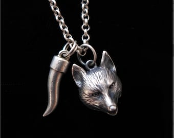Antiker Fuchs Foxy Wolf FANG Cornuto Sterling Cast Charm Anhänger Halskette
