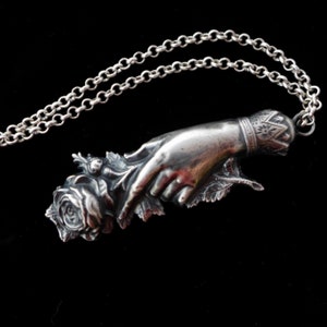 Victorian Hand Holding Rose Sterling Cast Pendant Necklace image 3