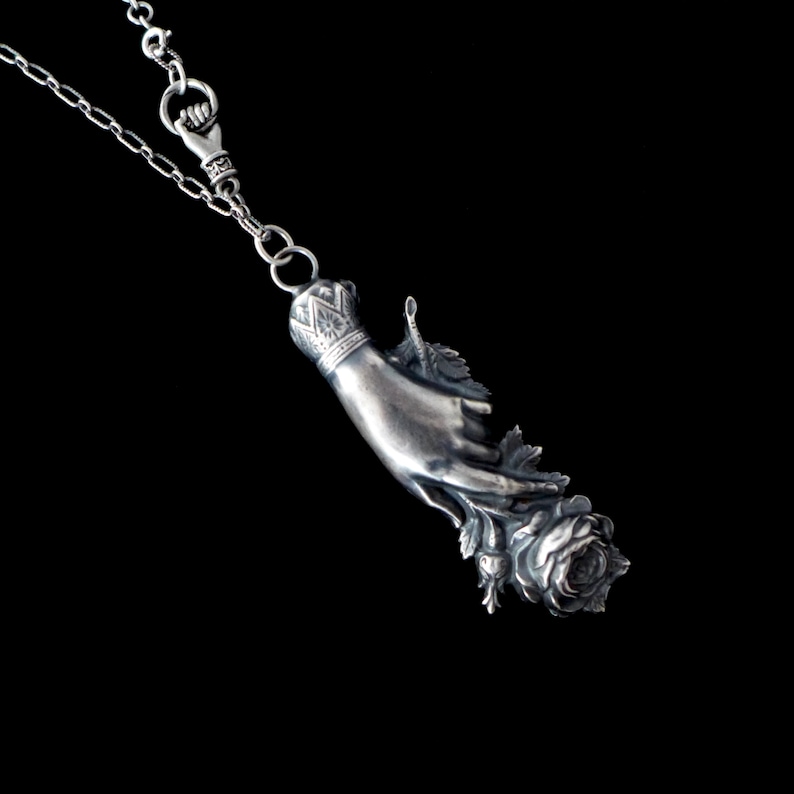Victorian Hand Holding Rose Sterling Cast Pendant Necklace image 2