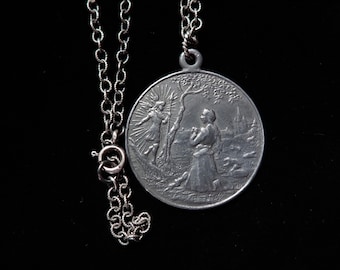 Antike Jeanne d'Arc Schutzengel Heilige Medaille Medaillon Anhänger Halskette