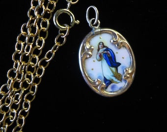 Antike 14k Gold Jungfrau Maria Emaille Medaille Anhänger, deutscher heiliger Schmuck