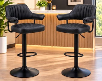 Set of 2 Black Plush Bar Stools, Adjustable Gas Lift Kitchen Chairs with Arm