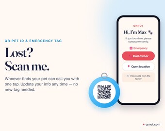 Targhetta identificativa per animali domestici con codice QR, scheda contatti di emergenza, modello di targhetta per cani scansionabile (download digitale)