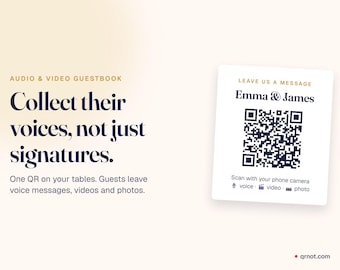 Codice QR per libro degli ospiti audio/video, cartello per messaggio vocale di matrimonio (cartellino da tavolo stampabile)