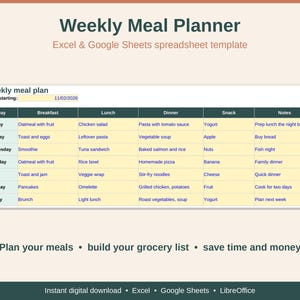 Peut inclure: Un modèle de tableur numérique de planification de repas hebdomadaire pour Excel et Google Sheets. La mise en page présente un tableau avec des colonnes pour le petit-déjeuner, le déjeuner, le dîner, les collations et les notes.