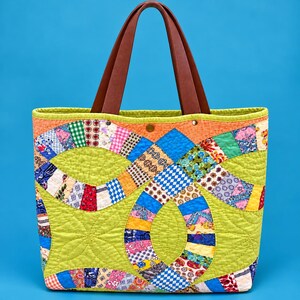 Handmade Quilted Tote Bag, Green Patchwork Shoulder Bag with Brown Handles
