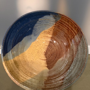 Signed Studio Pottery Bowl, N. Meader 10 Inch Blue & Rust multi colored Glaze, Rustic Ceramic Centerpiece