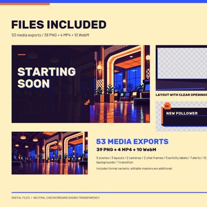 May include: A digital streaming overlay pack featuring a retro arcade interior with orange and blue lighting. Includes a STARTING SOON screen, layout with clear openings, and a NEW FOLLOWER alert. Contains 53 media exports: 39 PNG, 4 MP4, and 10 WebM files.