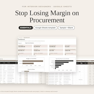 May include: A Google Sheets template for interior designers titled Stop Losing Margin on Procurement. The digital interface displays a dashboard with financial metrics, a master procurement log, and charts for budget and room spending.