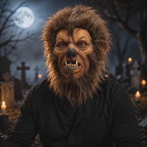 May include: A full-head werewolf mask featuring realistic brown synthetic fur, a molded tan face with detailed skin texture, a dark nose, and prominent white fangs protruding from the mouth, worn over a plain black button-down shirt.