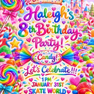 Puede incluir: Una colorida invitación de cumpleaños con un paisaje de dulces, un castillo, piruletas y el texto: Join Us In Candy Land! Haleigh's 8th Birthday Party! Candy! Let's Celebrate!!! 1 PM January 31st Skate World RSVP 555-477-0980.