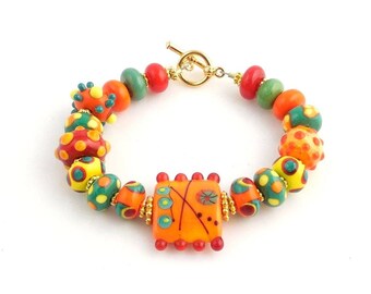 Fiesta Multicolor Beaded Lampwork  Bracelet, Tropical Influence, Fashion Jewelry, Gifts