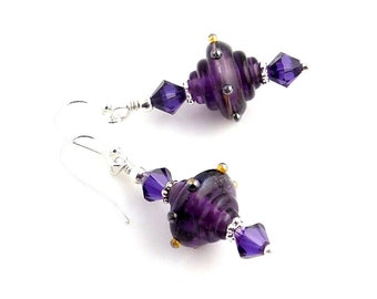 Purple Crystal Lampwork Earrings, Blown Glass Beaded Earrings, Gifts