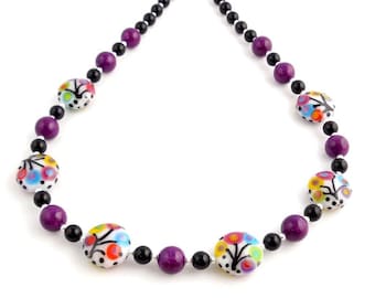 Multicolor Floral Beaded Crystal Lampwork Necklace, Gifts