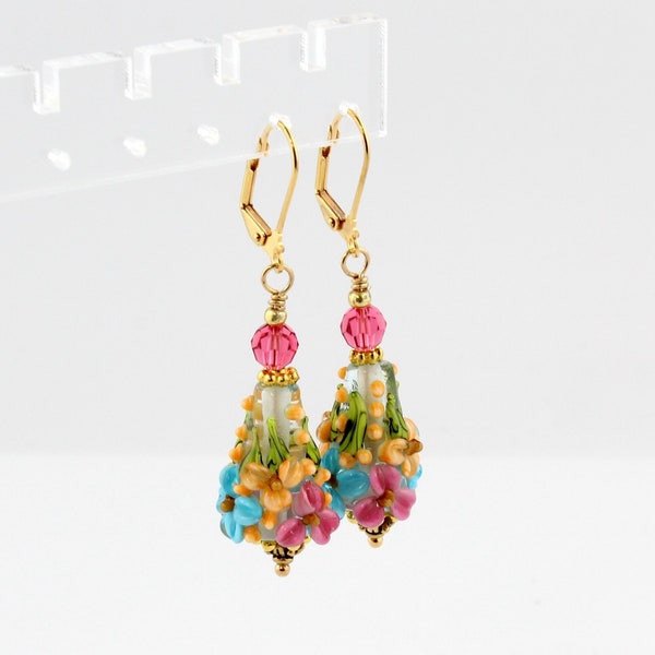 Beaded Floral Art Glass Earrings, Gifts