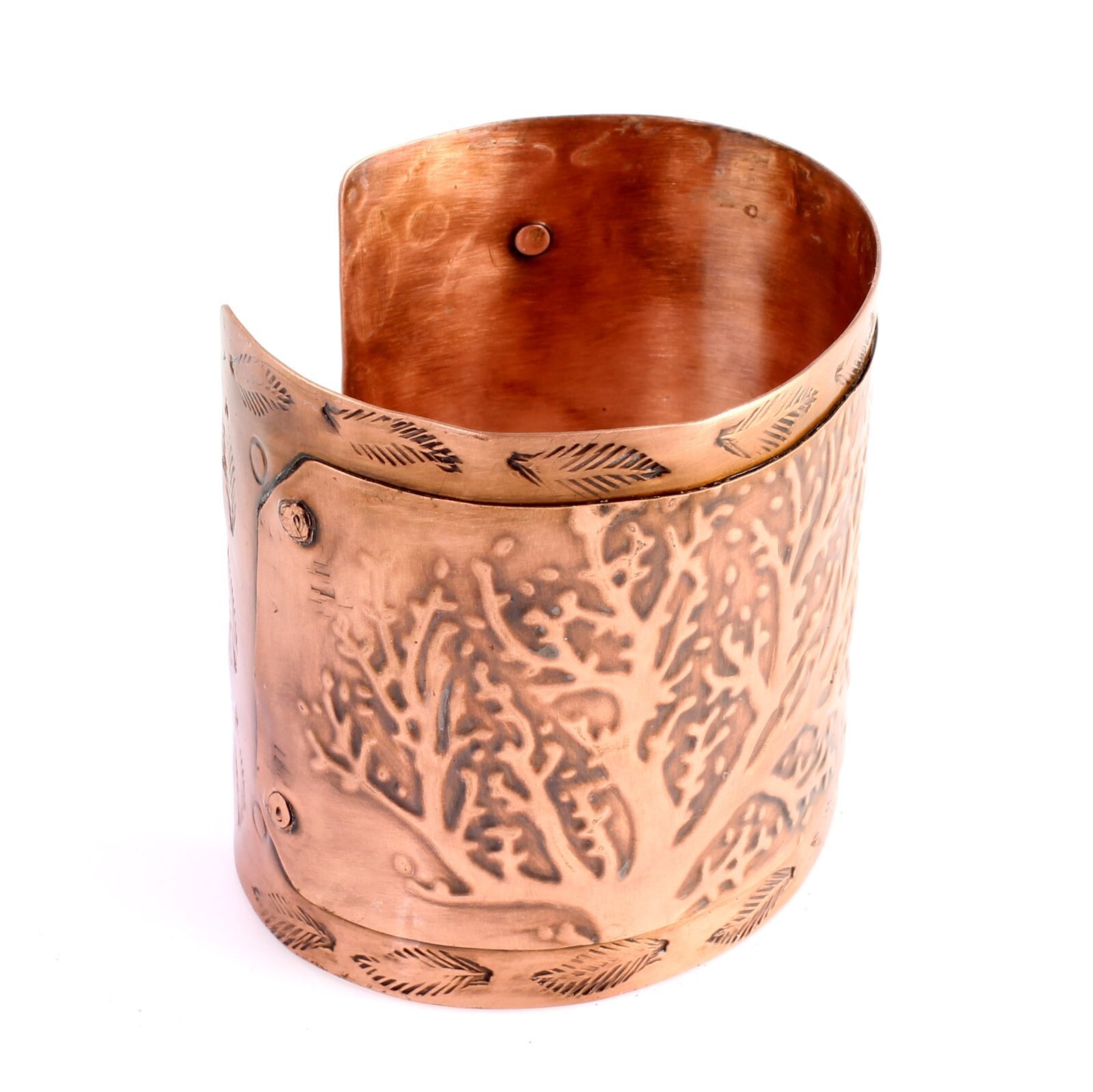 Wide Cuff Embossed Copper Bracelet With Tree Design, Nature Inspired