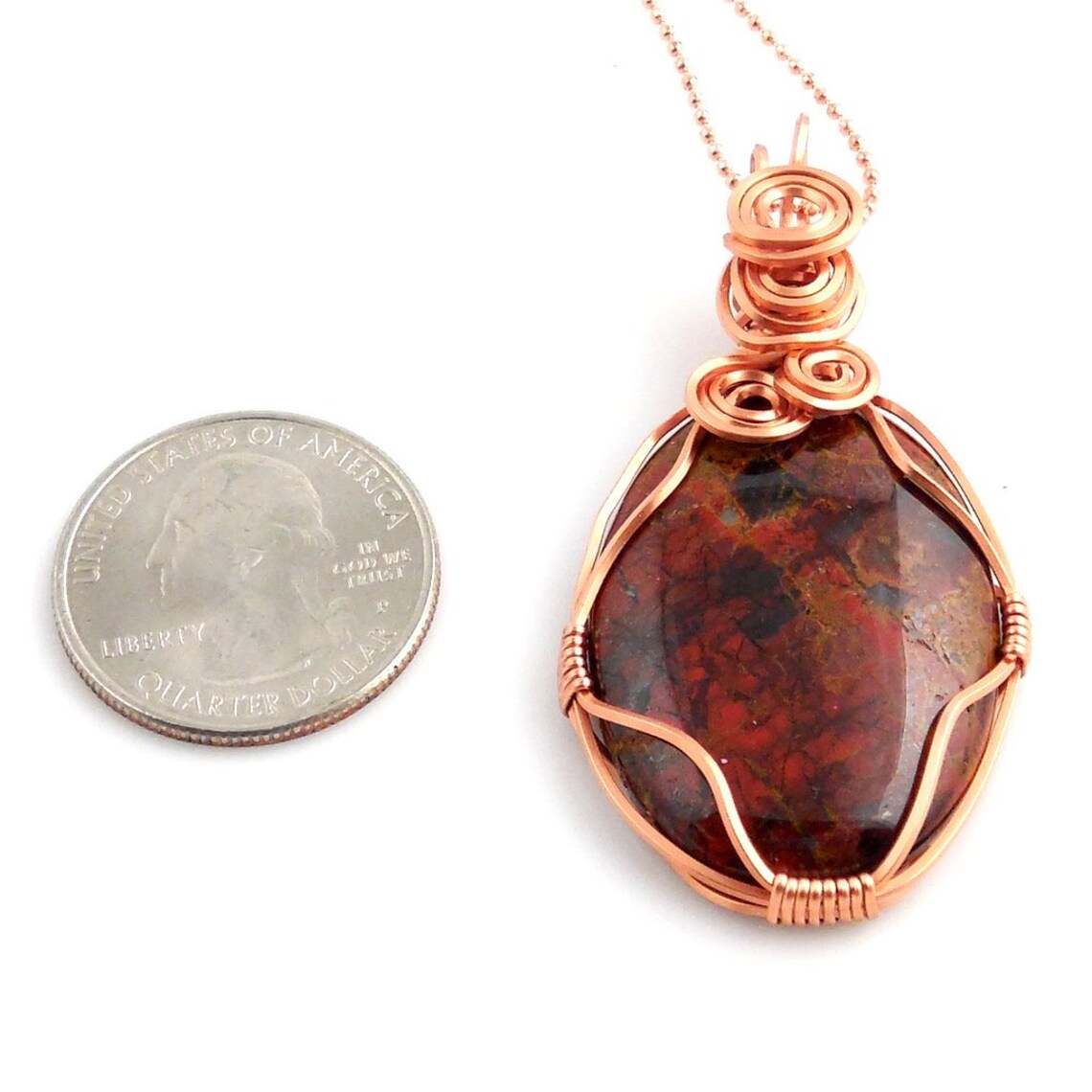 Red and Black Copper Wire Wrap Jasper Pendant Necklace, Brecciated