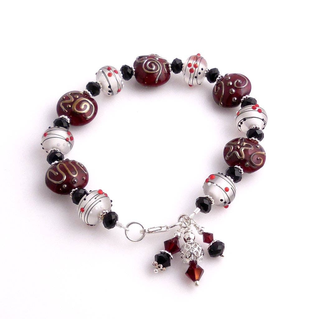 Red and White Sterling Silver and Crystal Lampwork Bracelet - Etsy