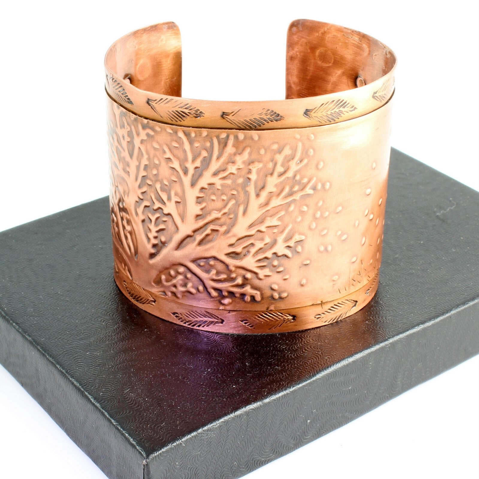 Wide Cuff Embossed Copper Bracelet With Tree Design, Nature Inspired