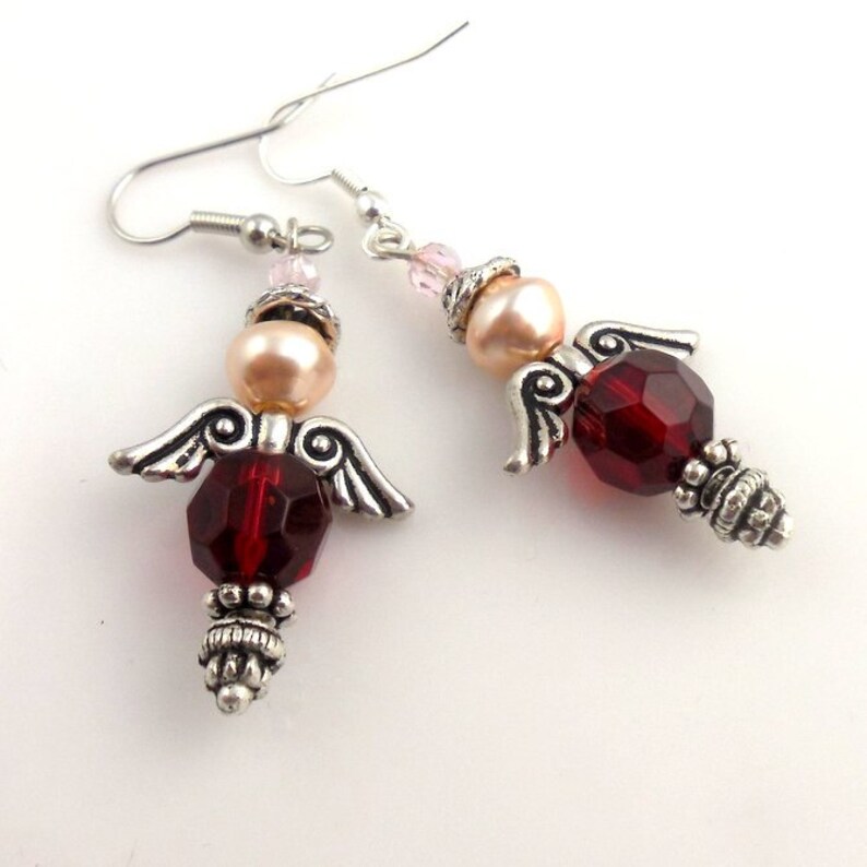 Red and Silver Angel Earrings Beaded Earrings Dangle Etsy