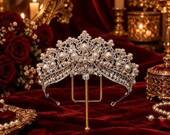 May include: A silver-toned tiara featuring an intricate filigree design adorned with numerous clear crystals and round white pearls. The headpiece is mounted on a thin gold-colored metal stand, showcasing a symmetrical, arched structure with multiple points.