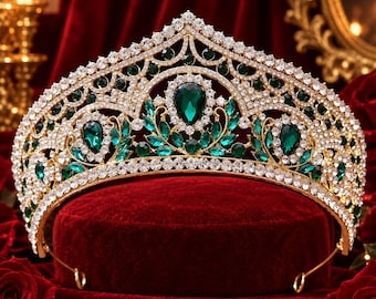 Groene kristallen bruidstiara, luxe strass bruidshoofdtooi, elegante prinsessen haaraccessoires, sieraden