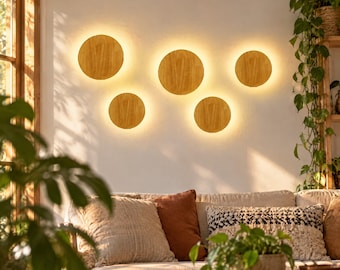 LED-Wandleuchte aus Holz, moderne runde Wandlampe, minimalistische Holzwandleuchte, skandinavische Schlafzimmerbeleuchtung, zeitgenössische Wanddekoration