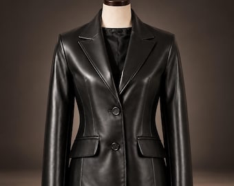 Women’s Genuine Lambskin Leather Blazer, Fitted Real Leather Jacket, Tailored Two Button Casual Coat