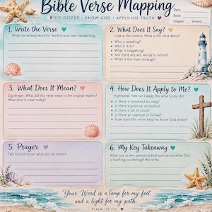 May include: A Bible Verse Mapping worksheet featuring a coastal theme with seashells, a lighthouse, and a wooden cross. The page includes six numbered sections for study, with the text: Your Word is a lamp for my feet and a light for my path.