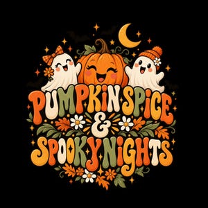Peut inclure: Une illustration graphique sur fond noir représentant une citrouille souriante, deux fantômes et le texte PUMPKIN SPICE & SPOOKY NIGHTS. Le motif inclut des feuilles d'automne orange, jaunes et vertes, des fleurs blanches et un croissant de lune.