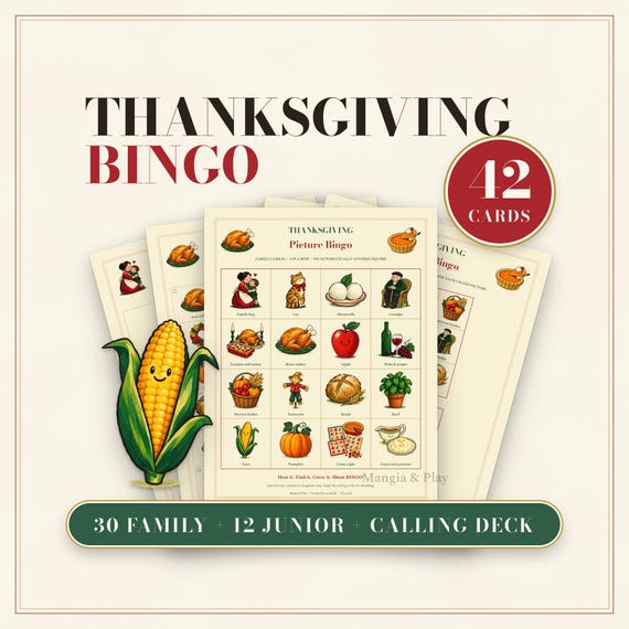 Thanksgiving Picture Bingo Printable: 30 Family Cards and 12 Junior Cards