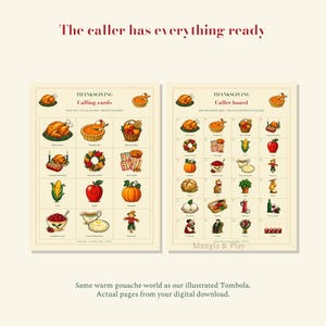 Illustrated calling deck and caller checklist with Mangia & Play watermark.