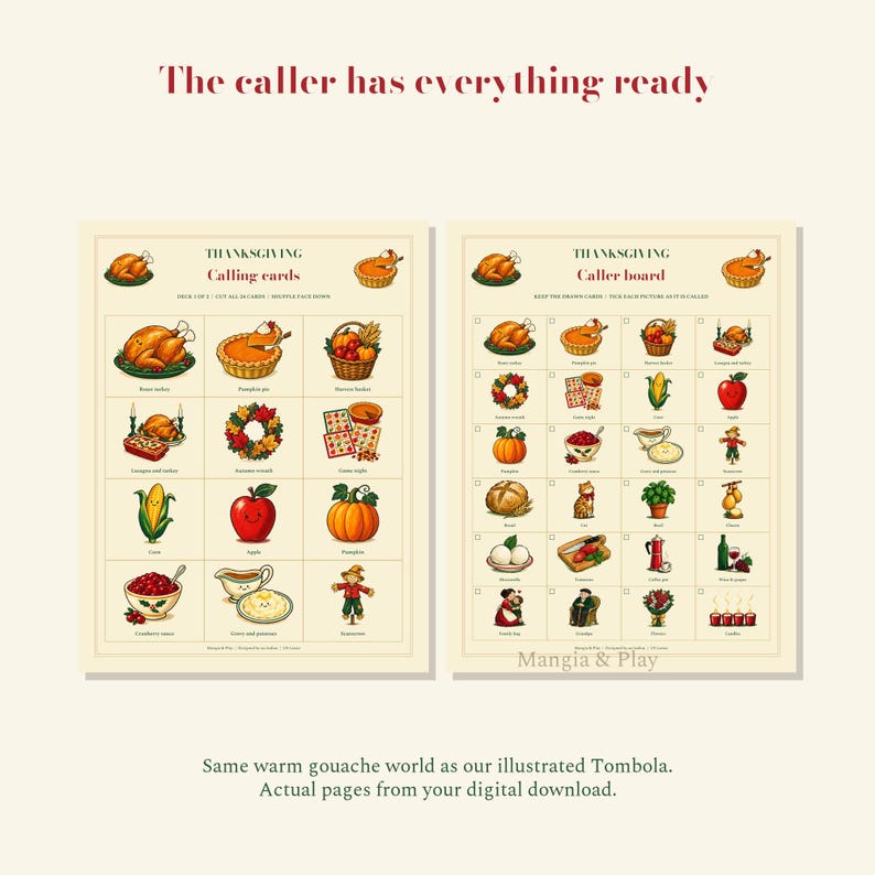 Illustrated calling deck and caller checklist with Mangia & Play watermark.