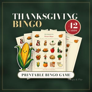 Thanksgiving Picture Bingo cover showing real illustrated cards and corn artwork from the game. 30 Family and 12 Junior cards. AI illustrations under our art direction.