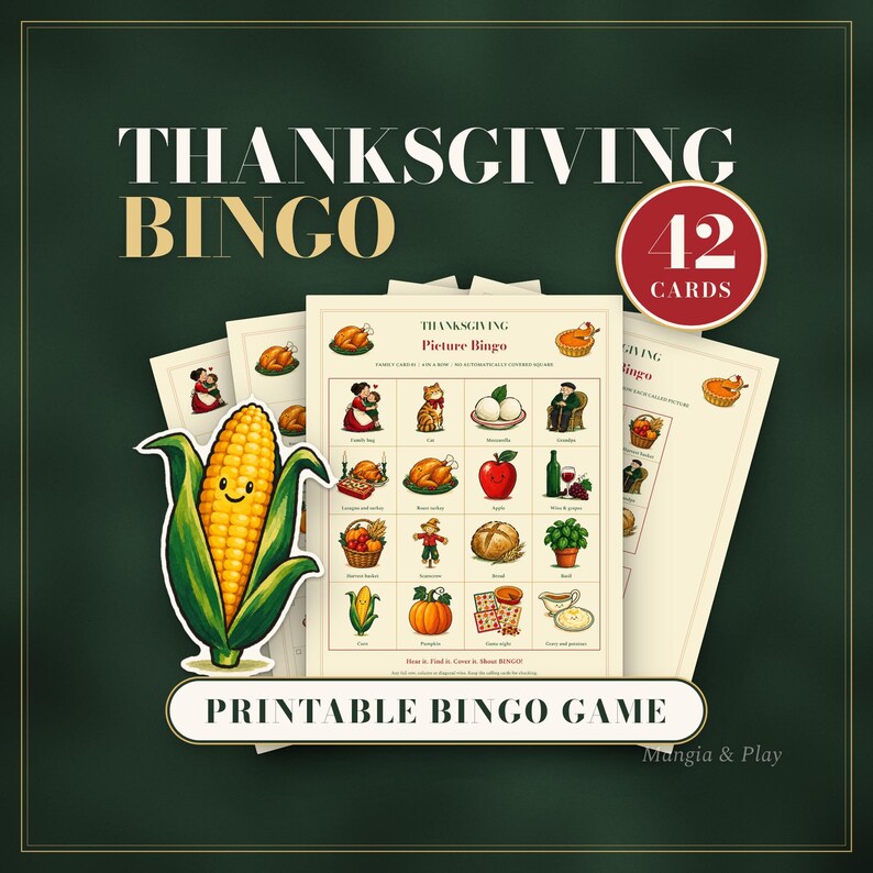 Thanksgiving Picture Bingo cover showing real illustrated cards and corn artwork from the game. 30 Family and 12 Junior cards. AI illustrations under our art direction.
