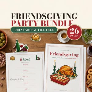 Friendsgiving Party Printable Bundle: Fillable Invitation, Menu, Place Cards, Potluck Sign Up, 3 Games and Drink Signs, Italian Style