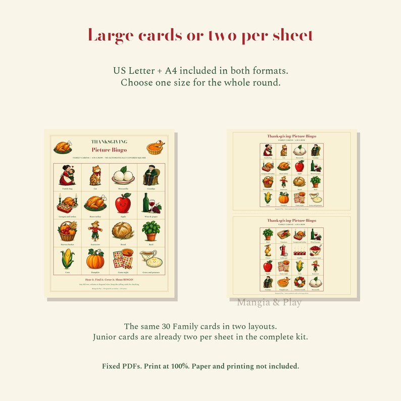 Four fixed PDFs in US Letter and A4, full-size kit and optional compact Family-card editions. Printing and supplies not included.