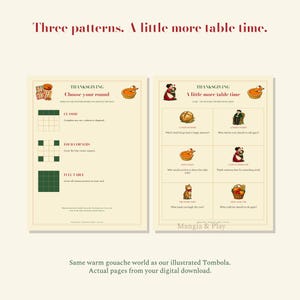 Three Family winning patterns and six illustrated conversation cards included as Il Bis, with Mangia & Play watermark.