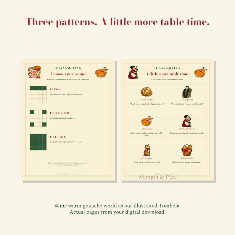 Three Family winning patterns and six illustrated conversation cards included as Il Bis, with Mangia & Play watermark.