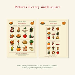 Large illustrated Family bingo and two Junior cards, with discreet Mangia & Play watermark.